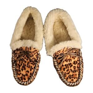 EUC J. Crew AF727 Leopard Calf Hair Moccasin Lined Slipper Shoes Women's US 10 M